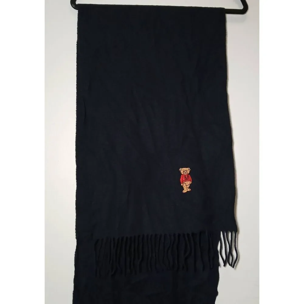 Moschino mens soft cashmere wool long scarf navy blue fringe